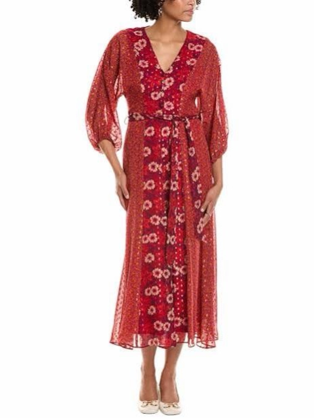 Taylor Red Floral V-Neck Midi Dress with Tie Waist